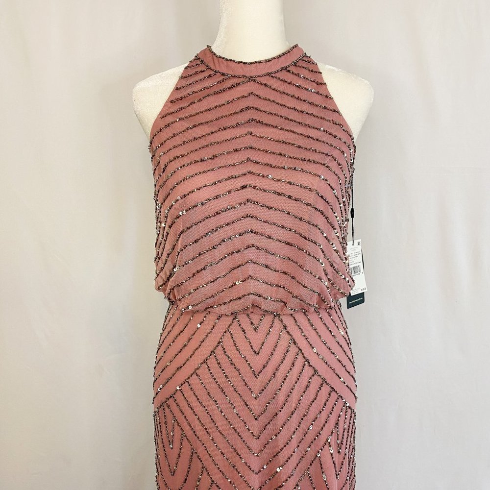 Adrianna Papell Art Deco Beaded Blouson Dress w/ Halter Neckline in Rose Mercury - Picture 14 of 14